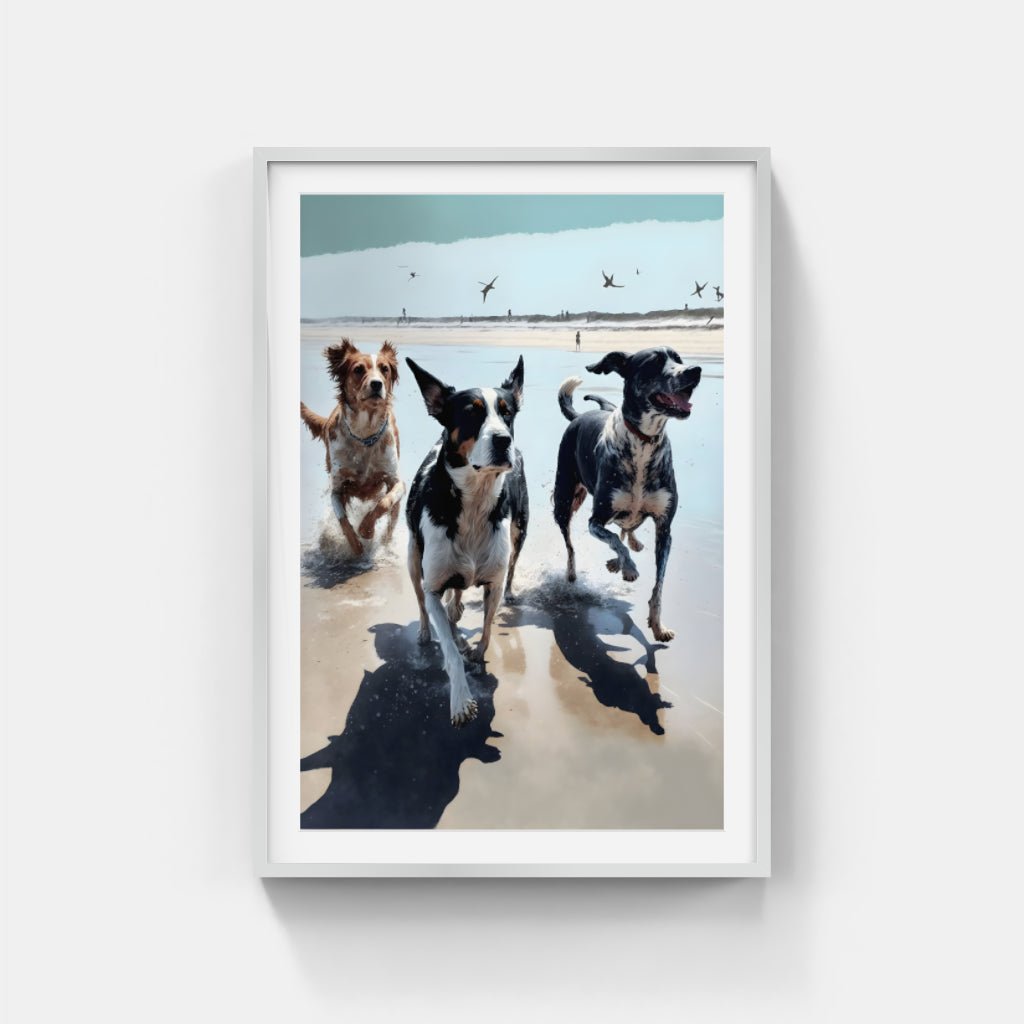 Sunlit Joy: Playful Pups on the Beach Wall Art