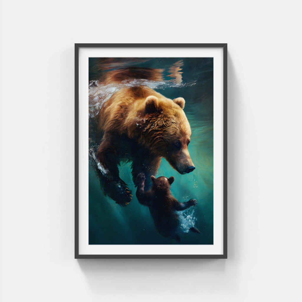 Subaquatic Bond: Bear and Cub Beneath the Waves Wall Art