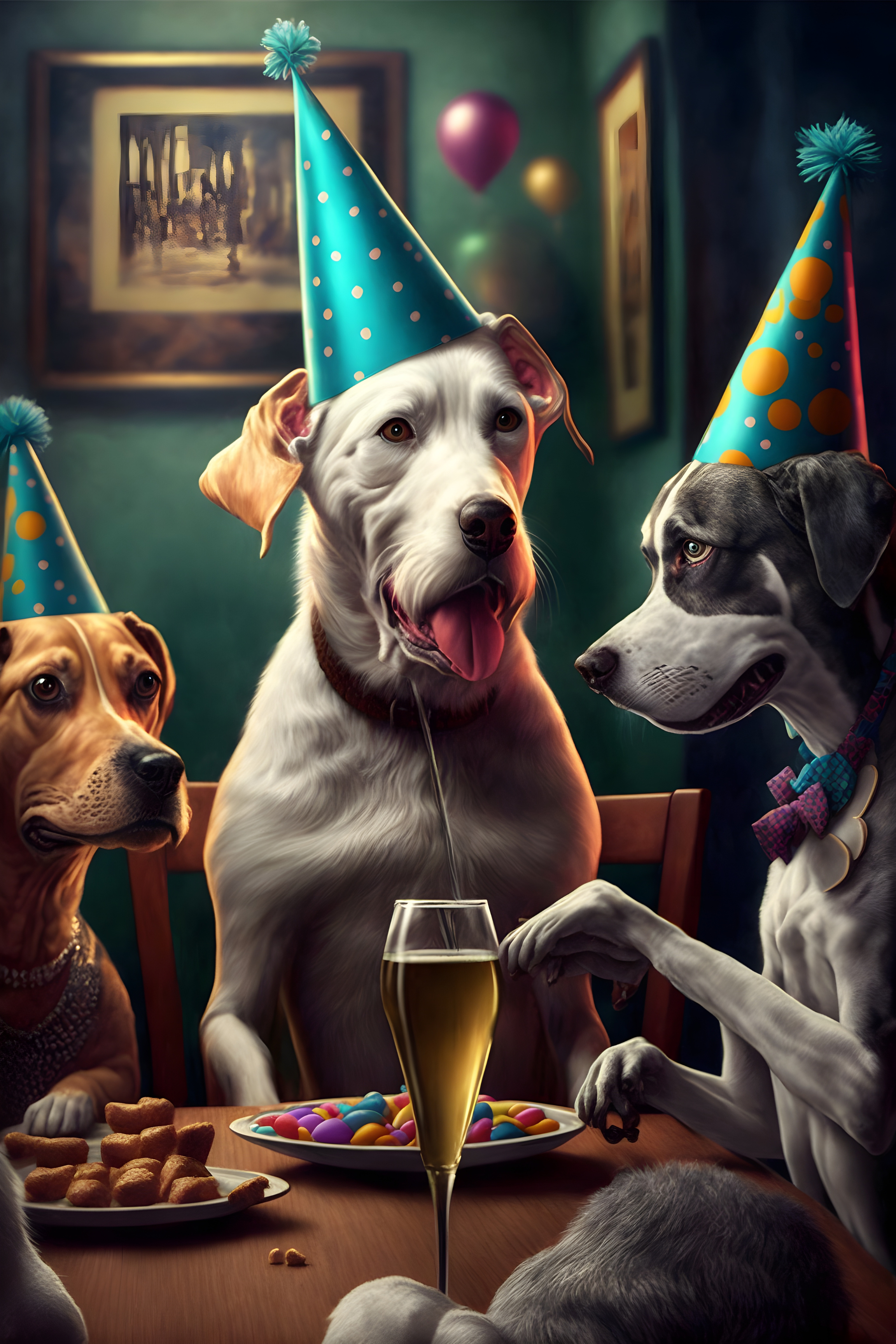 Canine Cheers: Three Dogs Celebrating with Beer Wall Art