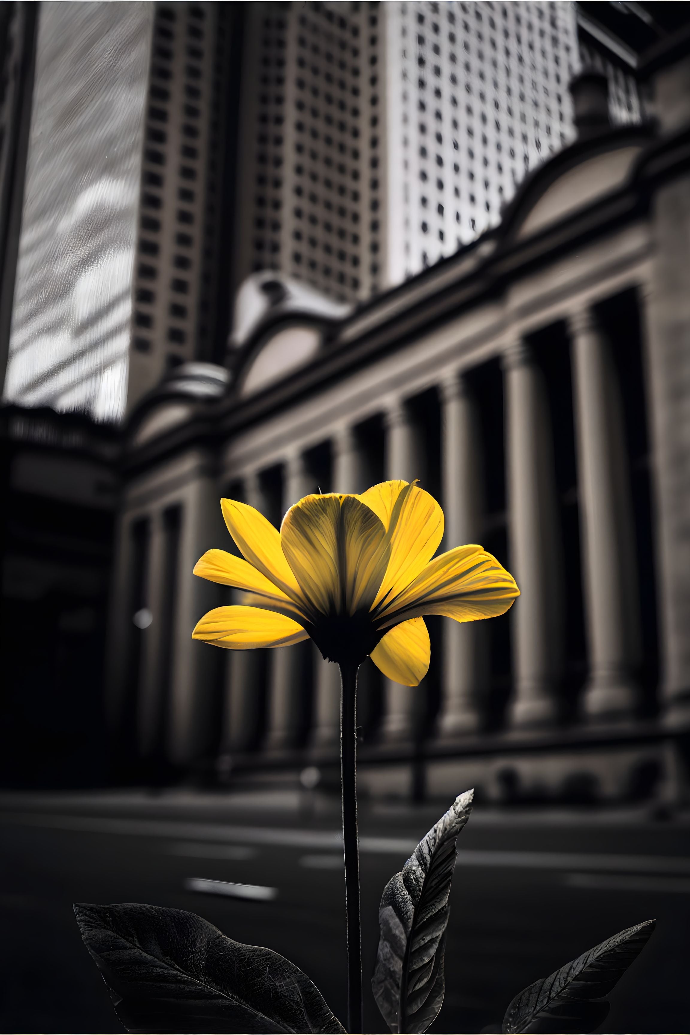 Urban Blooms: Yellow Flower Against Black and White Architecture Wall Art