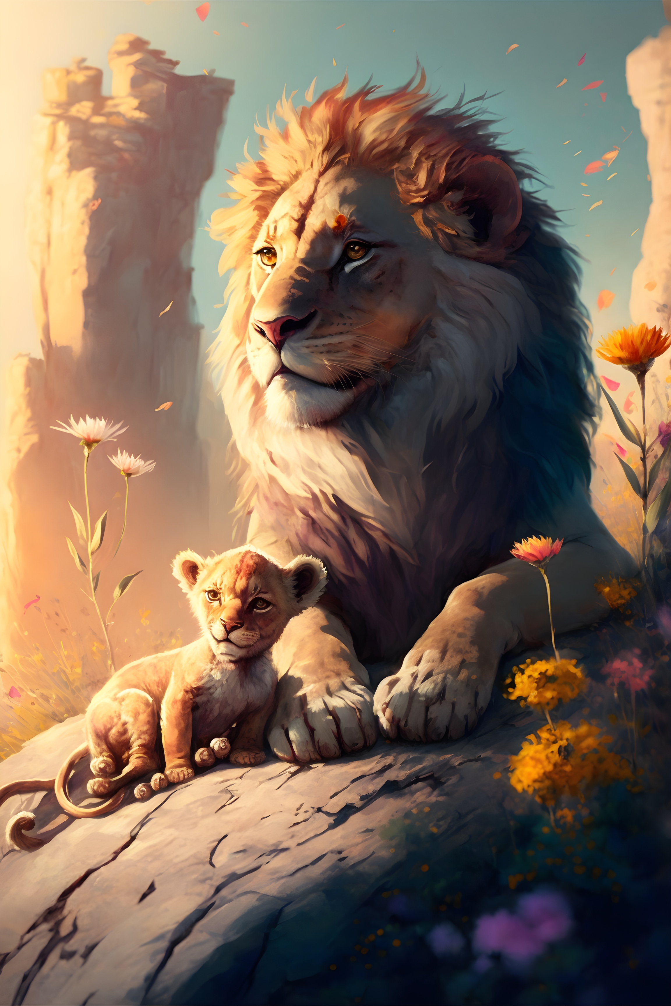 Majestic Serenity: Lion and Cub in Tranquil Rest Wall Art