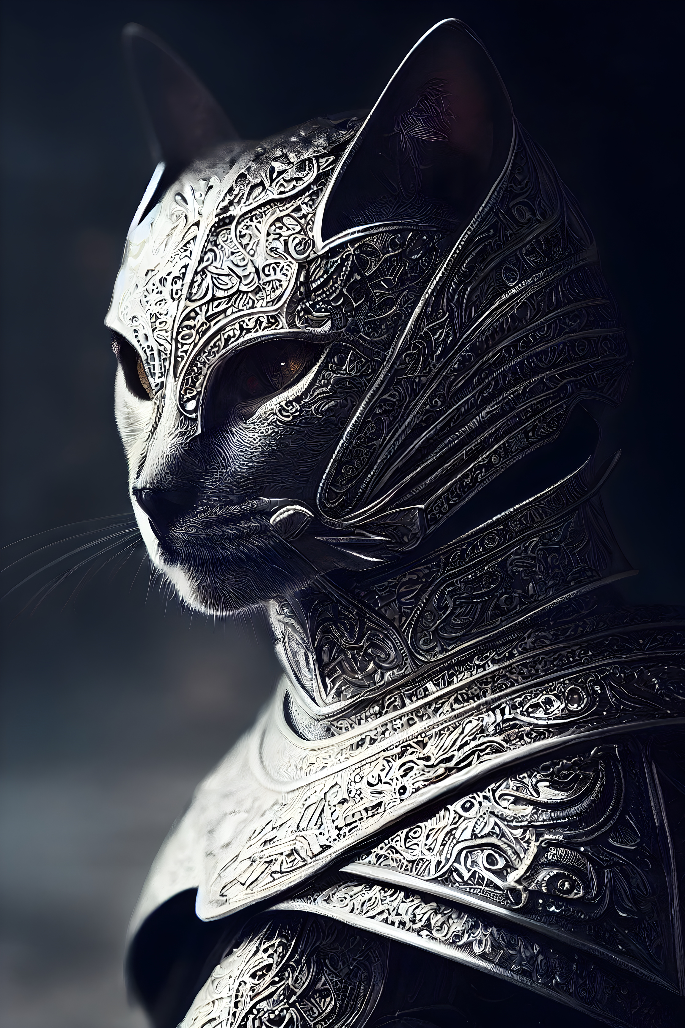 Stealthy Sentinel: Armored Cat in the Shadows Wall Art