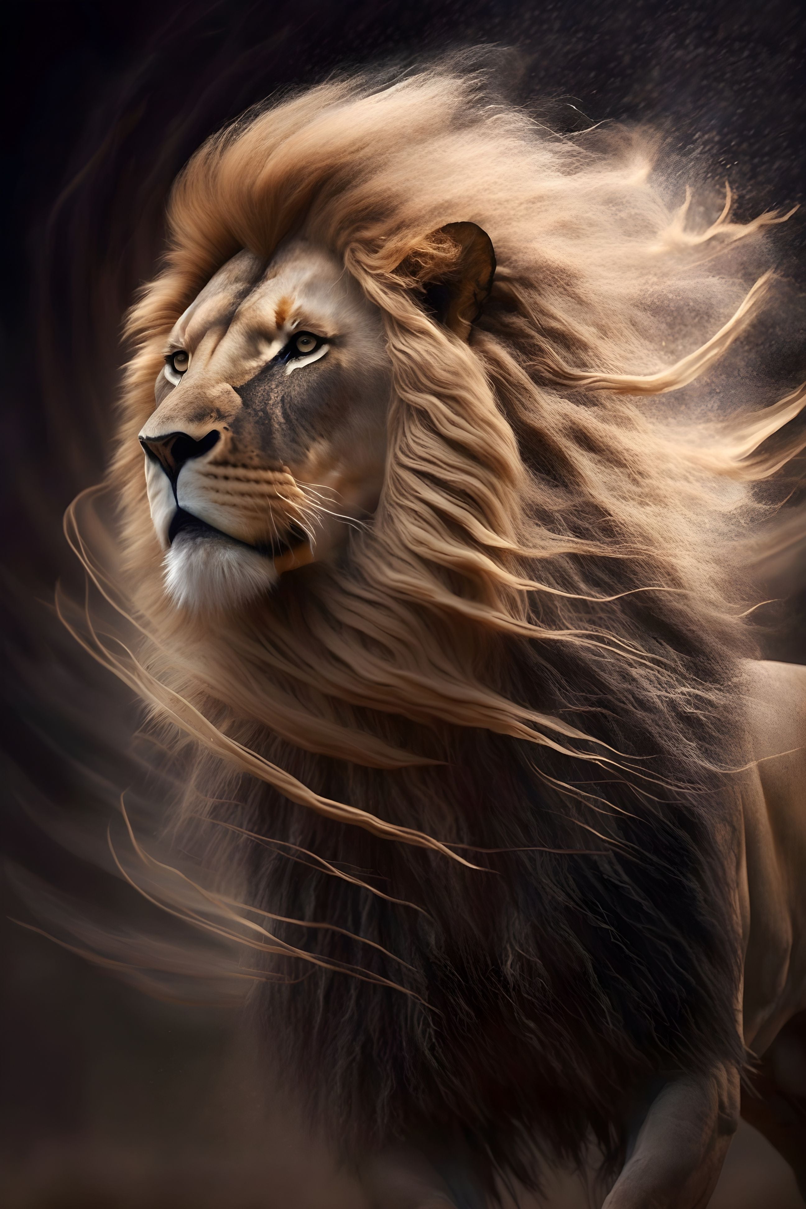 Wild Gust: Running Lion Against a Black Sky Wall Art