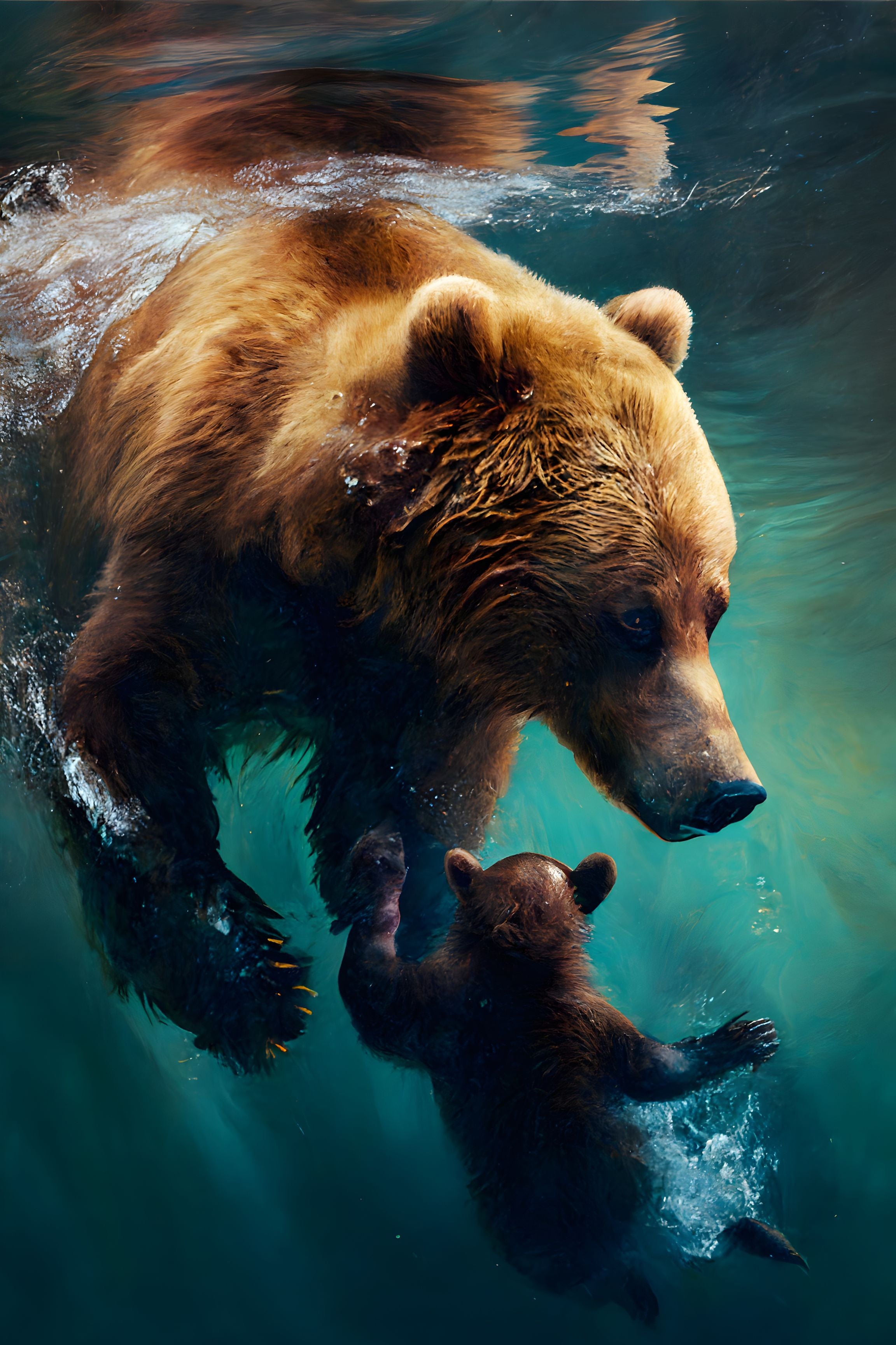 Subaquatic Bond: Bear and Cub Beneath the Waves Wall Art