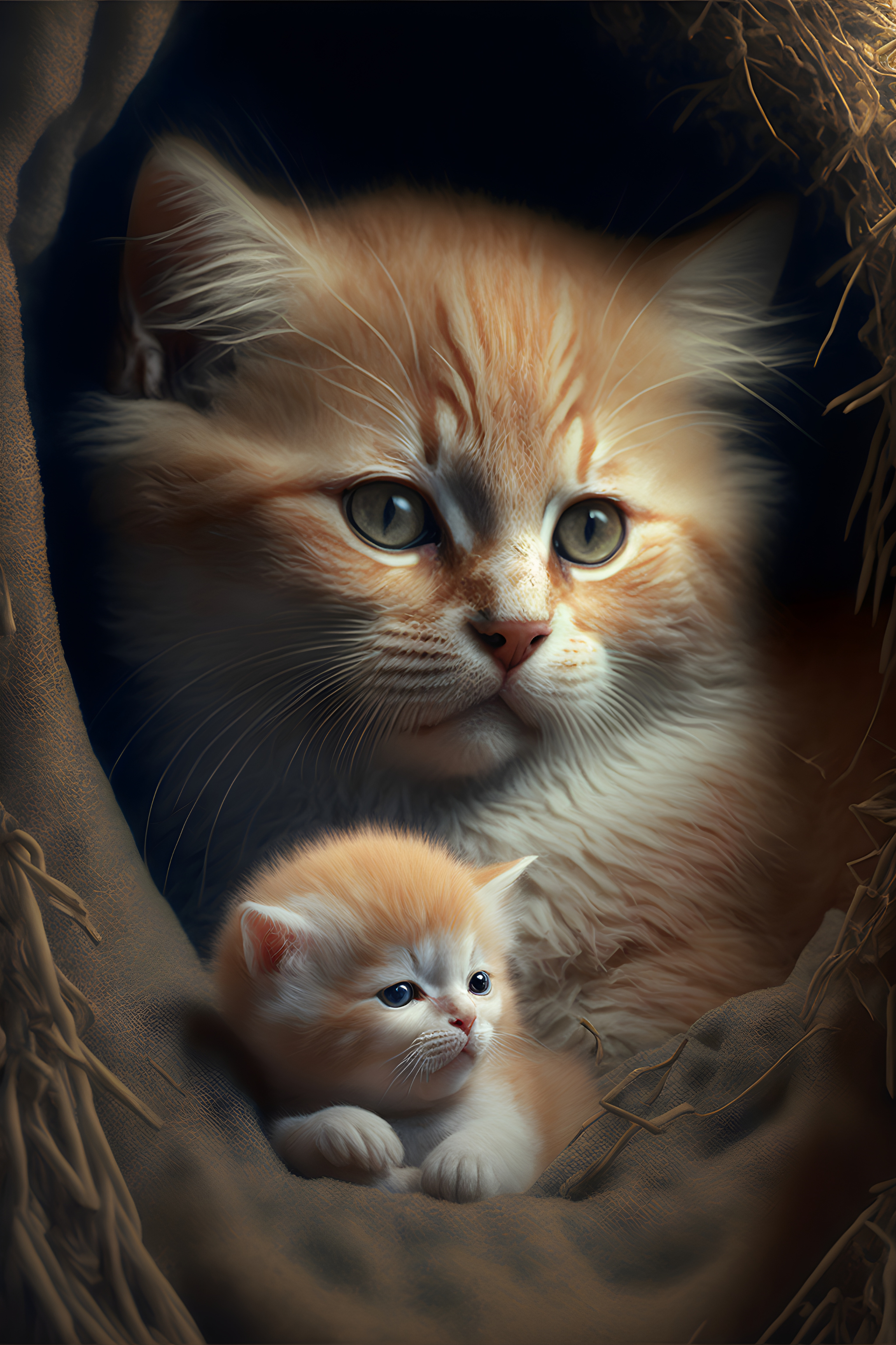 Whiskers and Wonders: A Cat and Kitten's Cozy Moment Wall Art