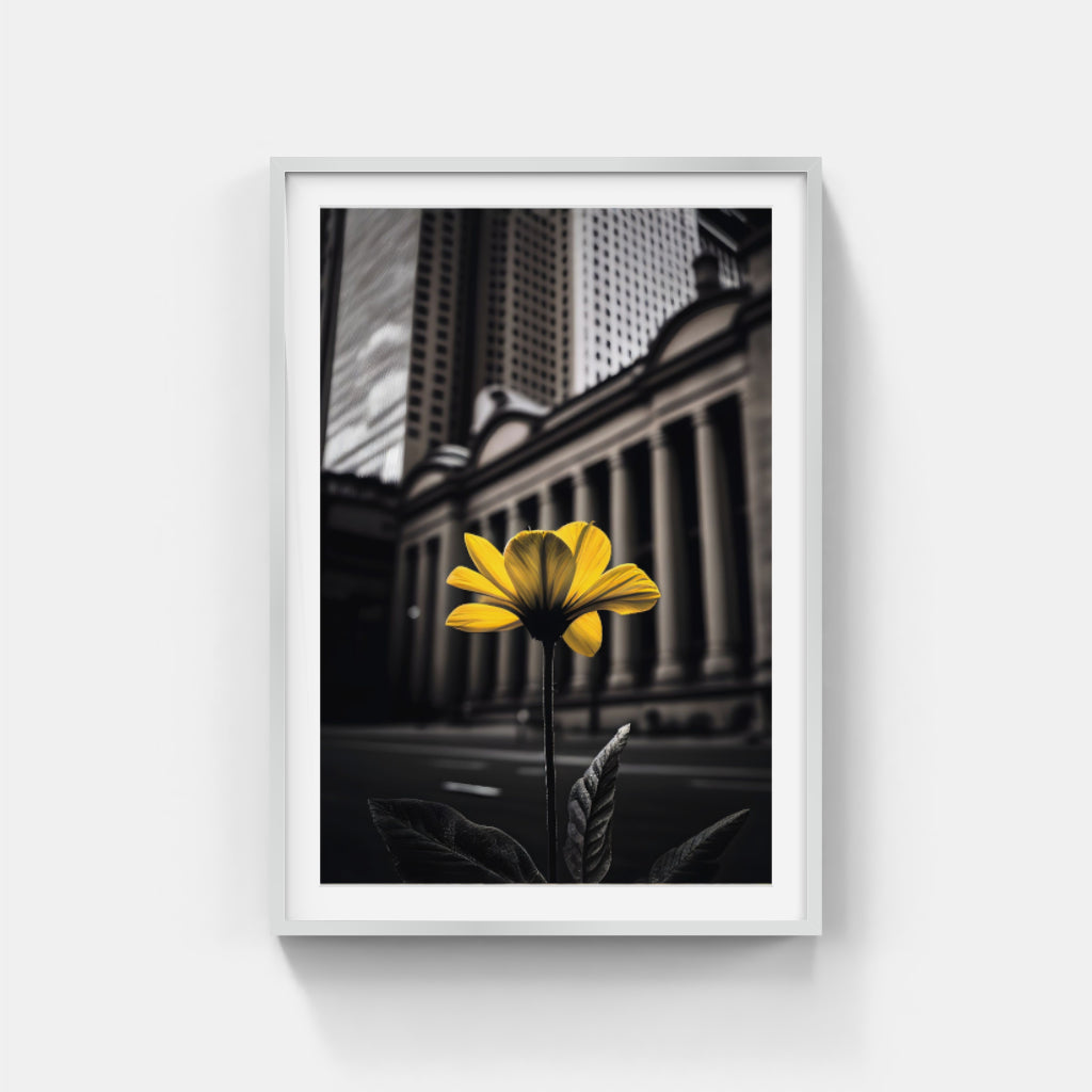 Urban Blooms: Yellow Flower Against Black and White Architecture Wall Art