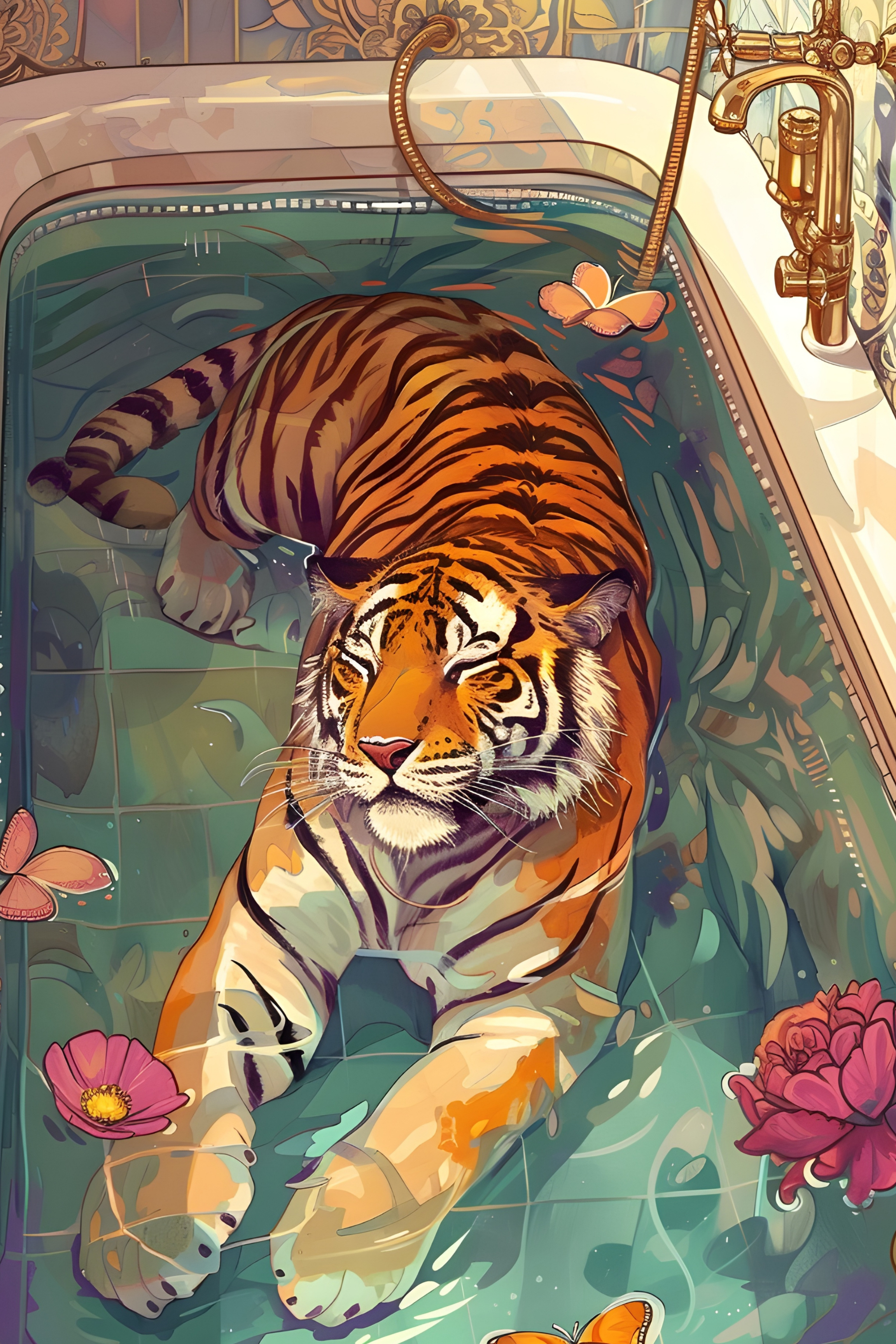 Tiger in Tub Wall Art Canvas,Home Decor Prints, Art Wall Pictures