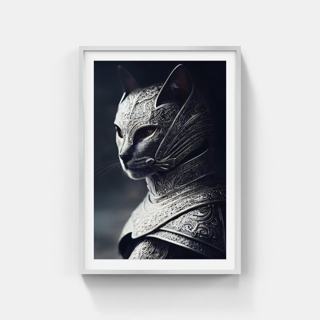 Stealthy Sentinel: Armored Cat in the Shadows Wall Art