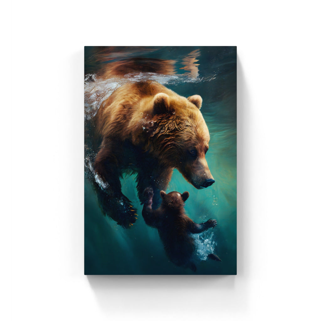 Subaquatic Bond: Bear and Cub Beneath the Waves Wall Art