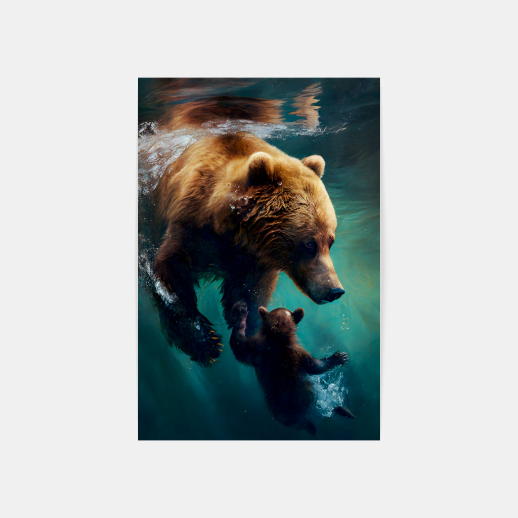 Subaquatic Bond: Bear and Cub Beneath the Waves Wall Art