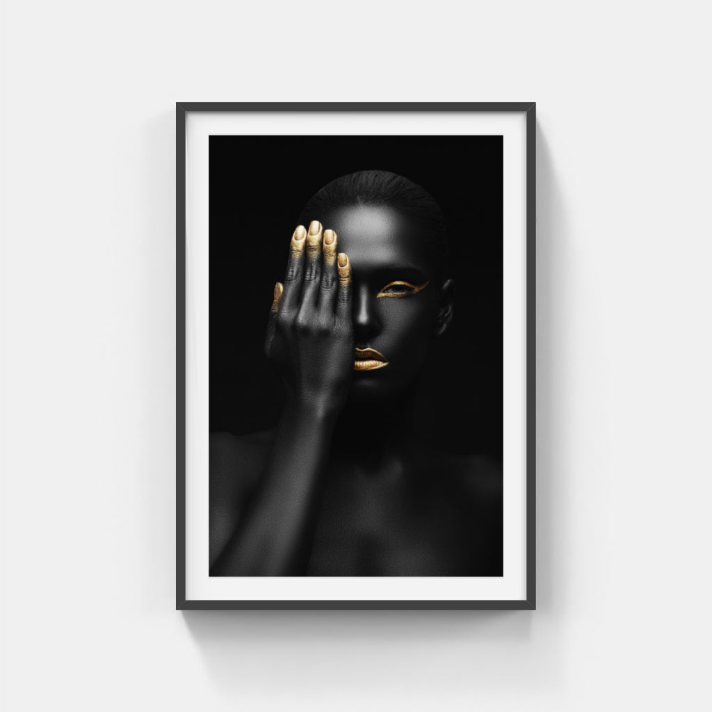 Elegant Allure: The Woman in Black and Gold Makeup Wall Art