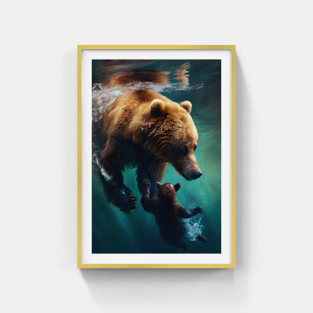 Subaquatic Bond: Bear and Cub Beneath the Waves Wall Art