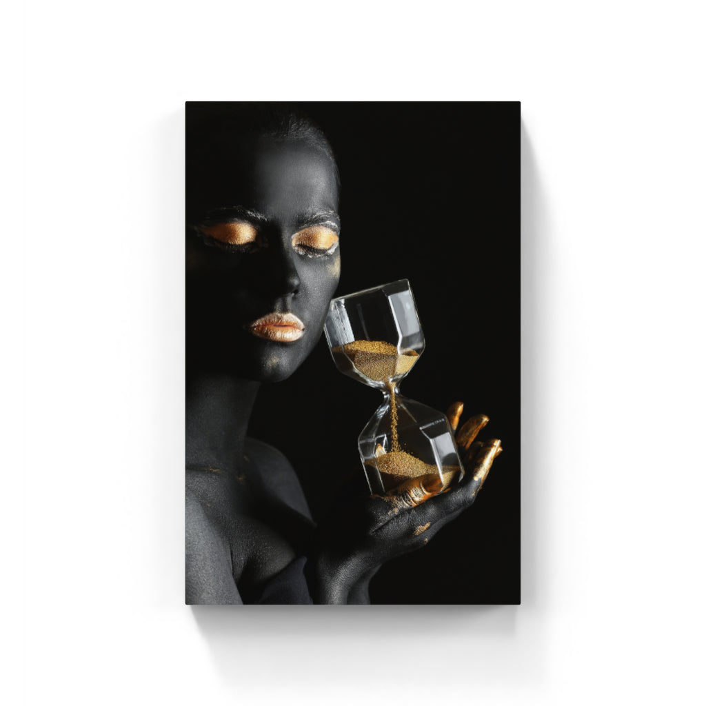 Timeless Elegance: Woman in Black and Gold with Hourglass Wall Art