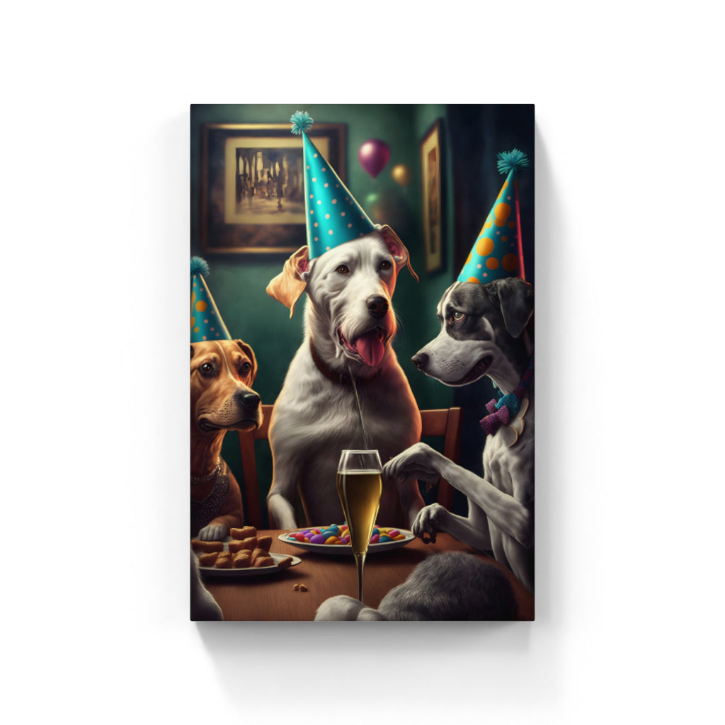 Canine Cheers: Three Dogs Celebrating with Beer Wall Art