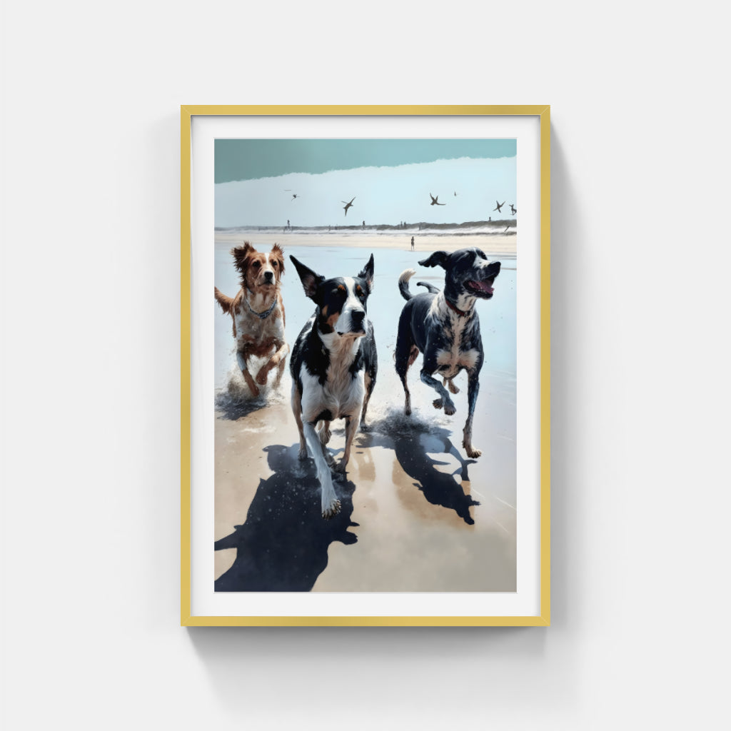 Sunlit Joy: Playful Pups on the Beach Wall Art