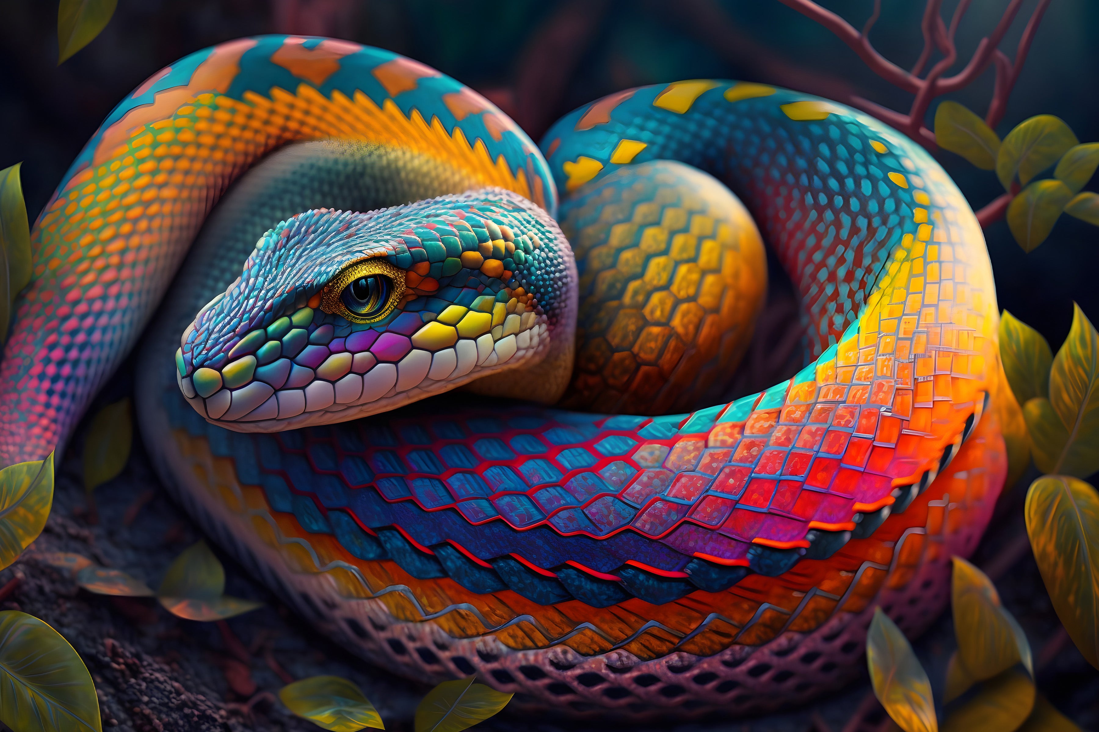 Rainbow Serpent: A Chromatic Dance of Scales and Shadows Wall Art