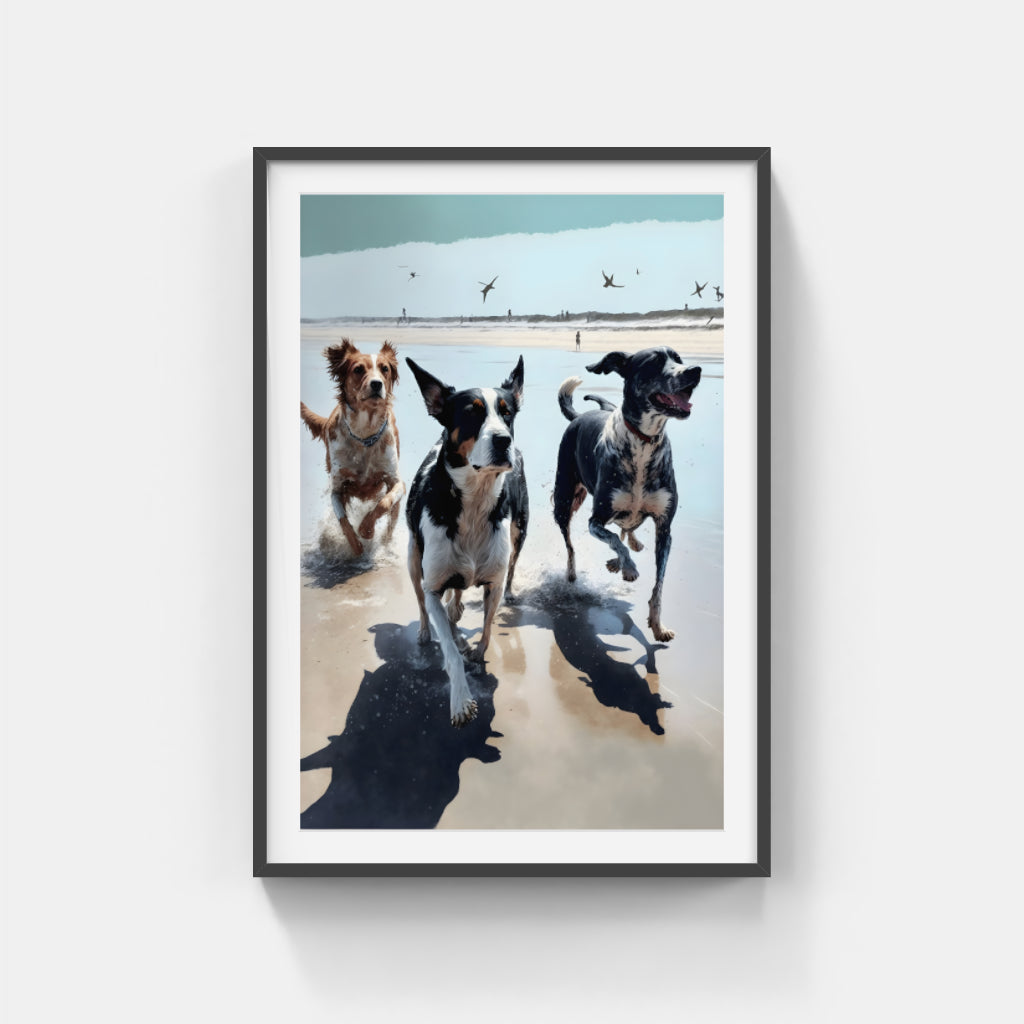 Sunlit Joy: Playful Pups on the Beach Wall Art