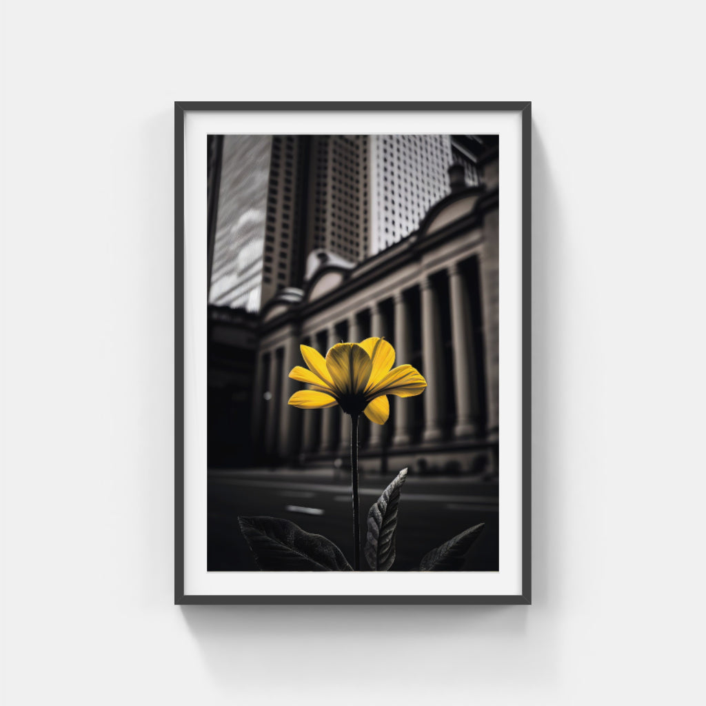 Urban Blooms: Yellow Flower Against Black and White Architecture Wall Art