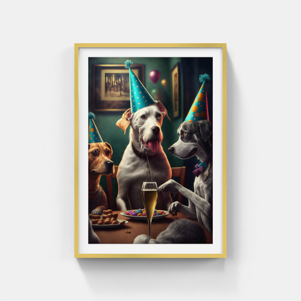 Canine Cheers: Three Dogs Celebrating with Beer Wall Art