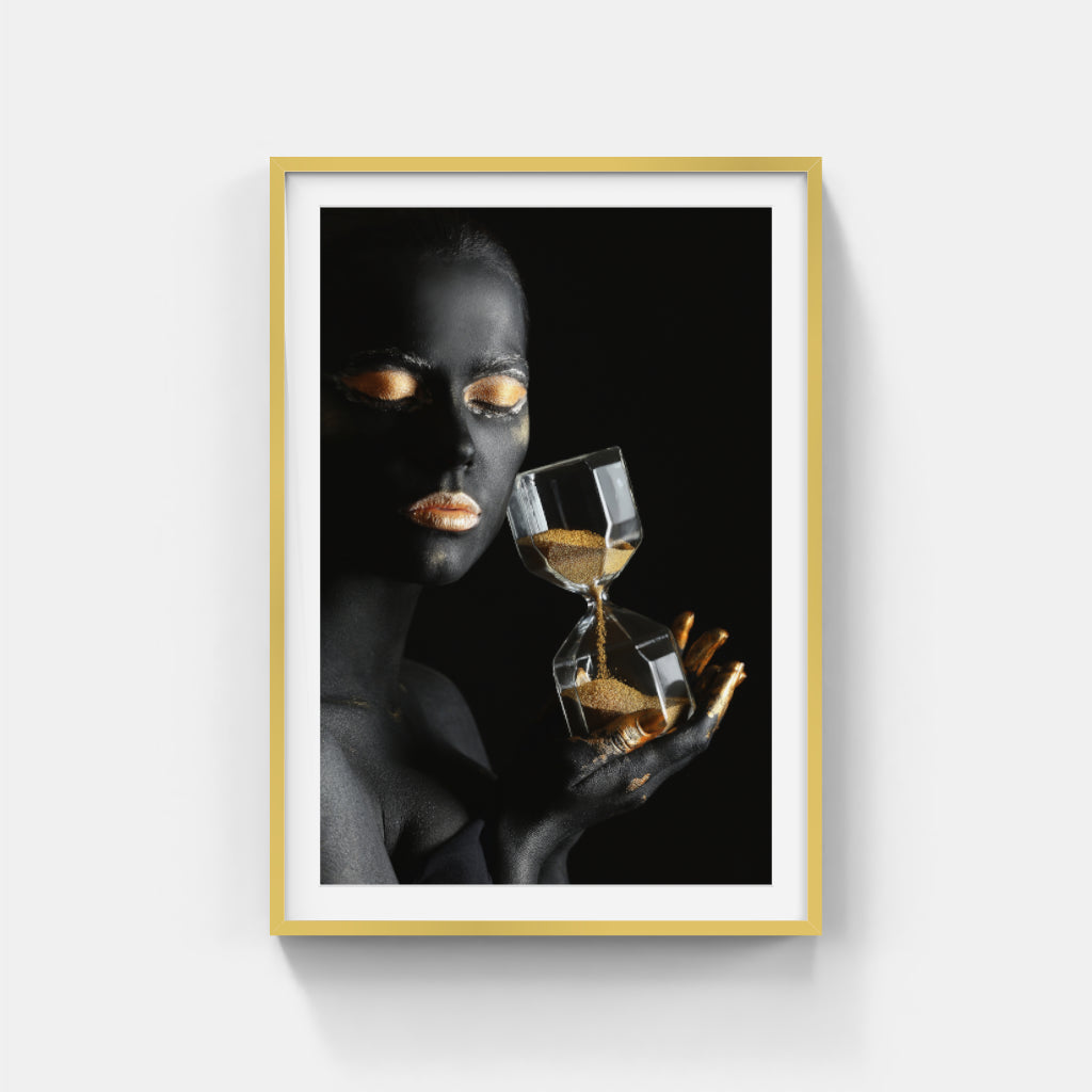 Timeless Elegance: Woman in Black and Gold with Hourglass Wall Art