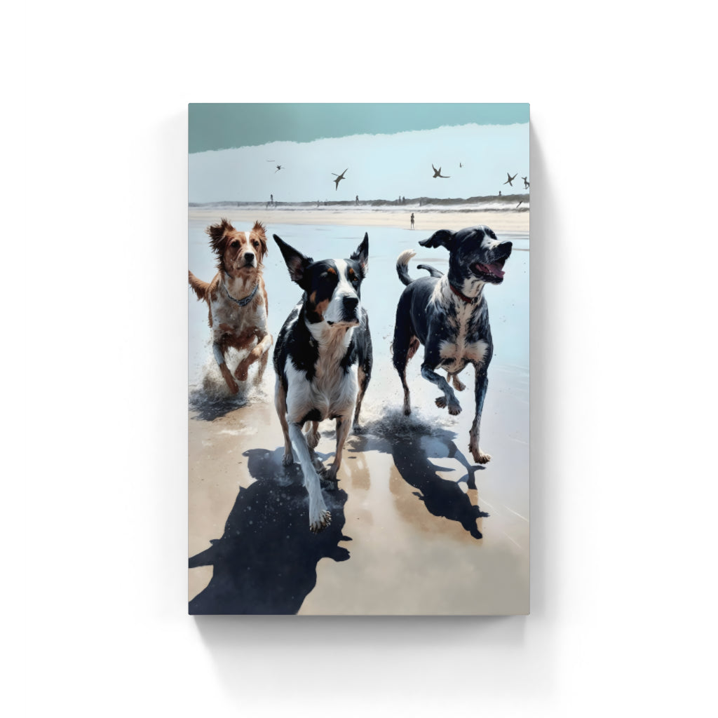 Sunlit Joy: Playful Pups on the Beach Wall Art