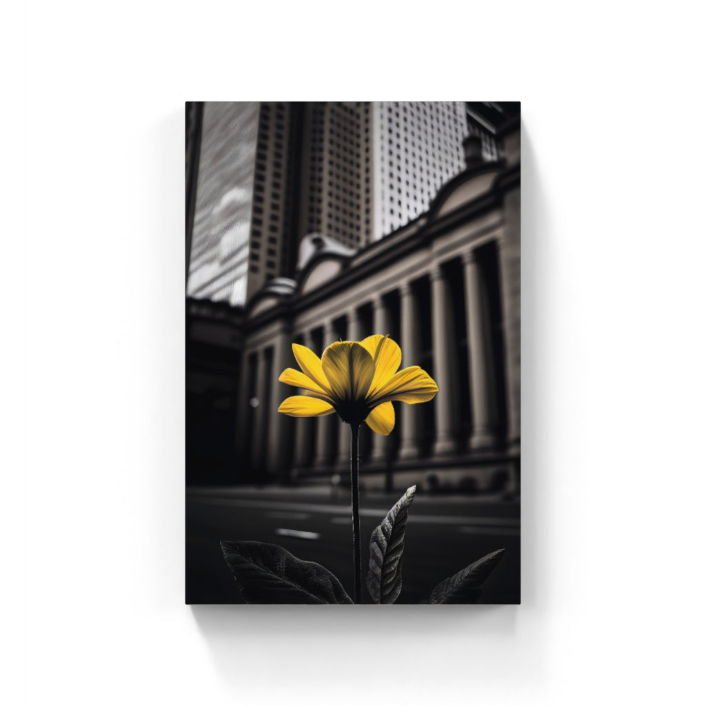 Urban Blooms: Yellow Flower Against Black and White Architecture Wall Art