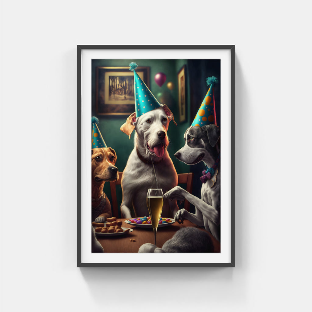 Canine Cheers: Three Dogs Celebrating with Beer Wall Art